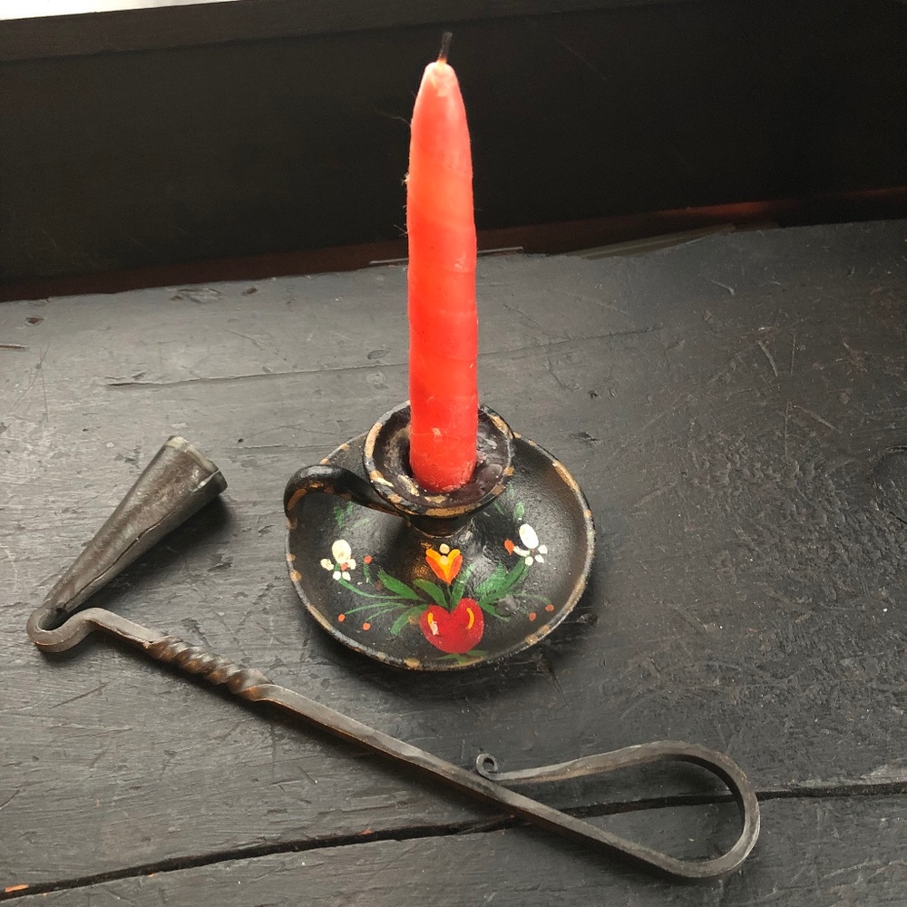 VINTAGE CAST IRON CANDLE HOLDER AND WROUGHT IRON SNUFFER